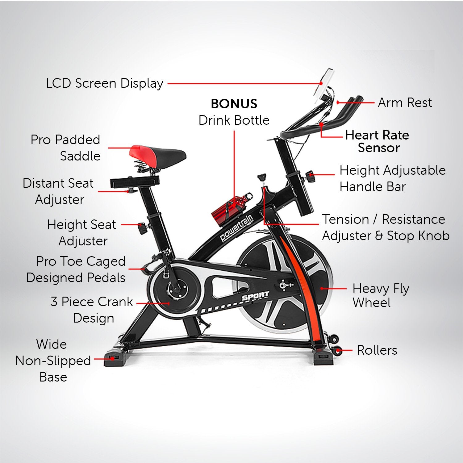 Powertrain Home Gym Flywheel Exercise Spin Bike - Black